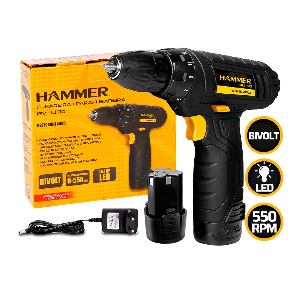 Parafusadeira Furadeira Hammer PLI 10 Bivolt 12V A Bateria Shopee Brasil