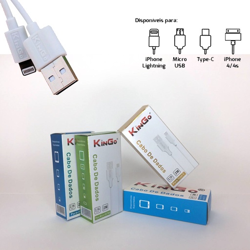 Cabo 2m Carregador Kingo USB Tipo C IP8 IPhone Micro V8 USB Branco