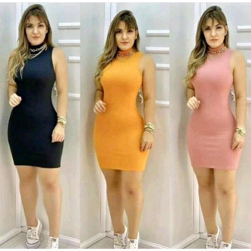 Vestido Canelado Tubinho Curto Gola Alta E Bojo Shopee Brasil