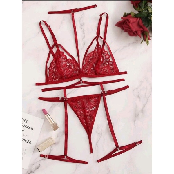 Conjunto De Renda Moda Gringa Cinta Liga Corpo Inteiro Lingerie