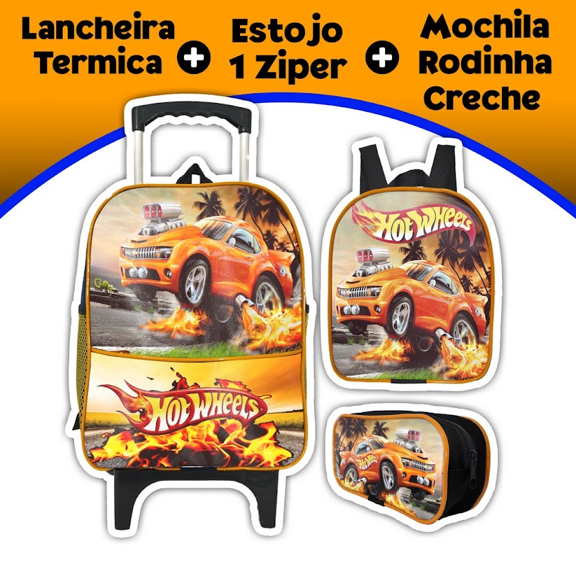 Kit Mochila Escolar De Rodinhas Infantil Menino Pequena Lancheira Termica Estojo Simples Hot