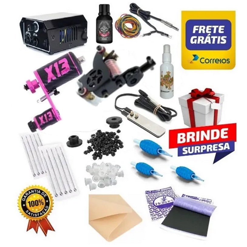 Kit De Tatuagem Tattoo Maquina Bobina X13 Rosa Rotativa Brinde Shopee