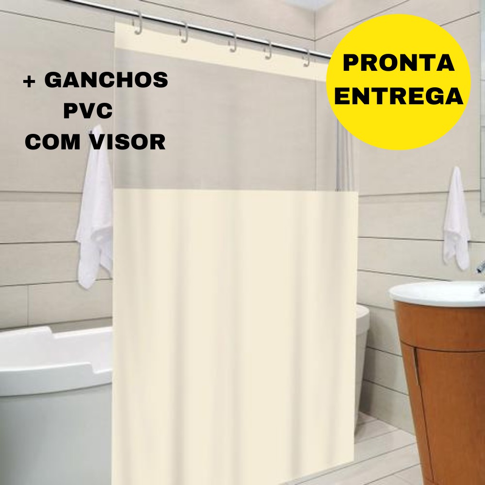 Cortina Box Banheiro Antimofo Bege Pvc C Visor E Ganchos Antimofo