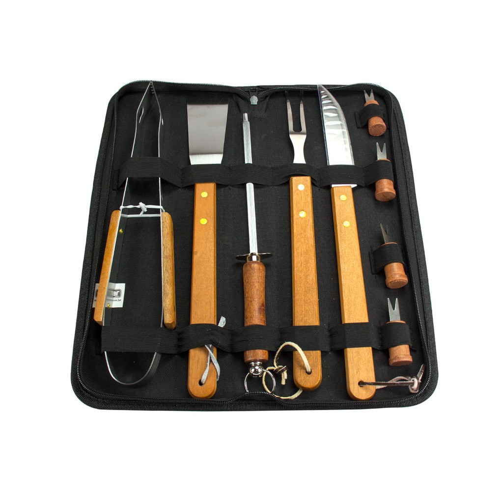 Kit Churrasco Aço Inox Faca garfo pegador espatula amolador chaira