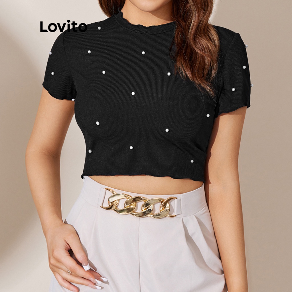 Lovito Elegant Camiseta Lisa Corte Ondulado Curta Pérolas L25LD030