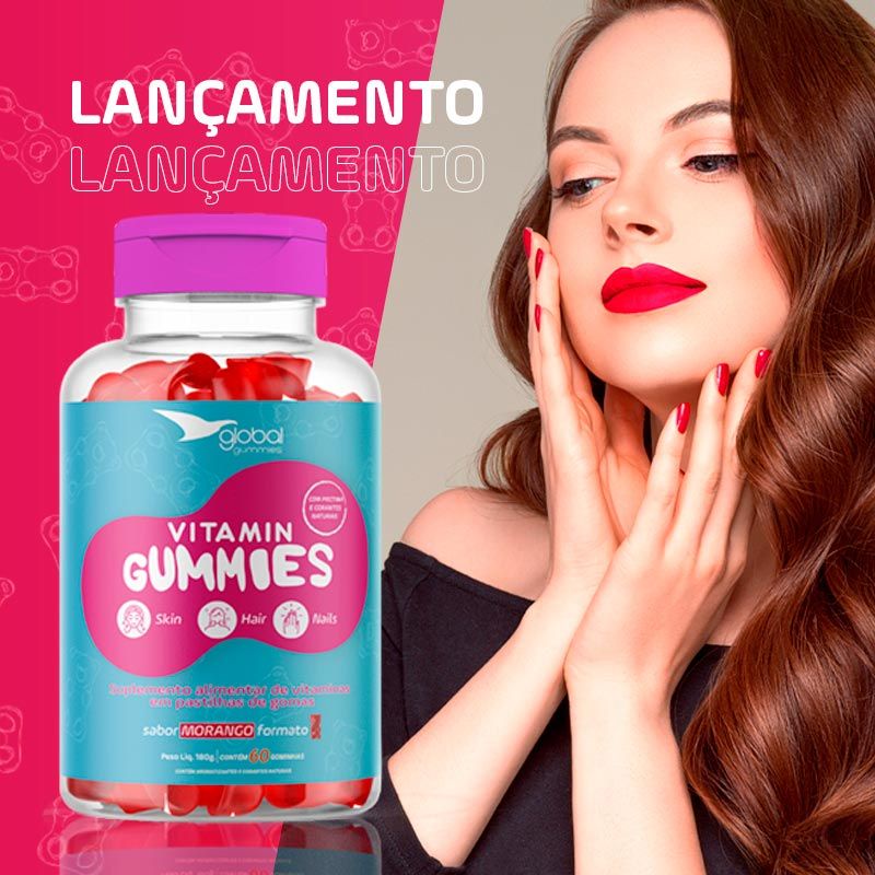 2x GUMMIES Global Vitamina Pele Cabelo E Unhas De Gummies Morango Ou