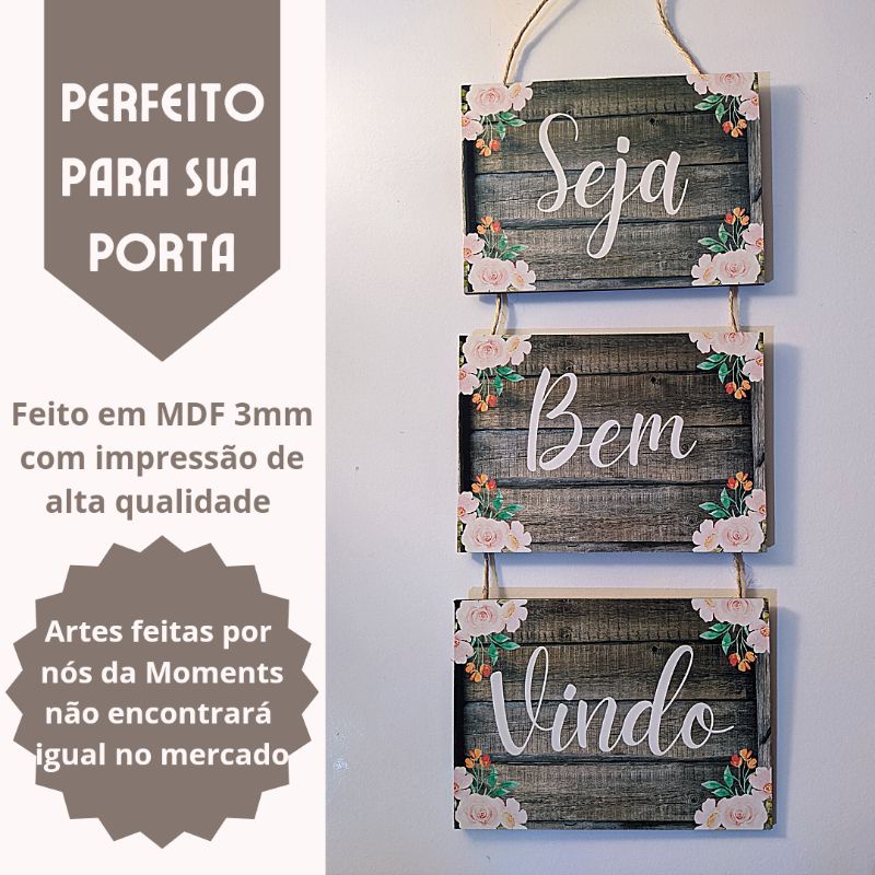 Placa Decorativa Seja Bem Vindo 3 Placas Em MDF Corda Para Porta Ou