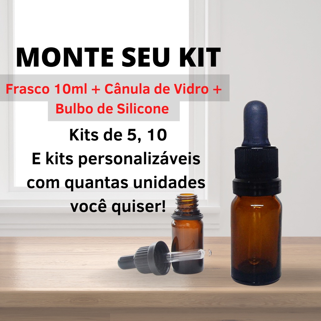 Monte seu Kit Frasco Gotejador Conta Gotas Vidro Âmbar 10ml Tampa Preta