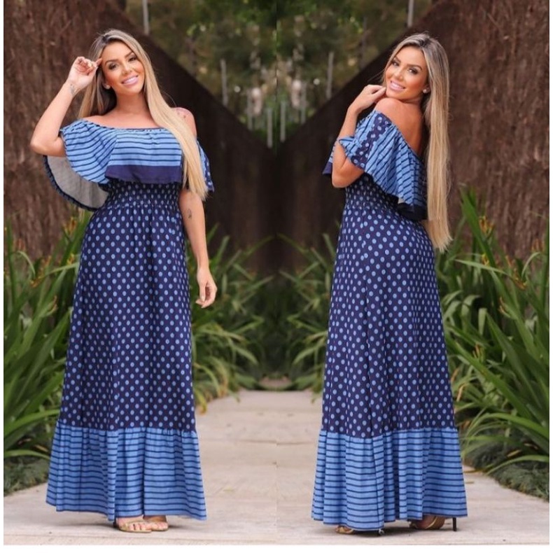 Vestido Longo Babado Ombro A Ombro Lastex Na Cintura Shopee Brasil