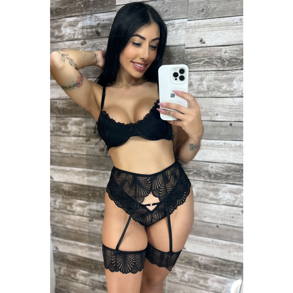 Conjunto Cinta Liga Perneira Lingerie Sexy Aro E Renda Premium