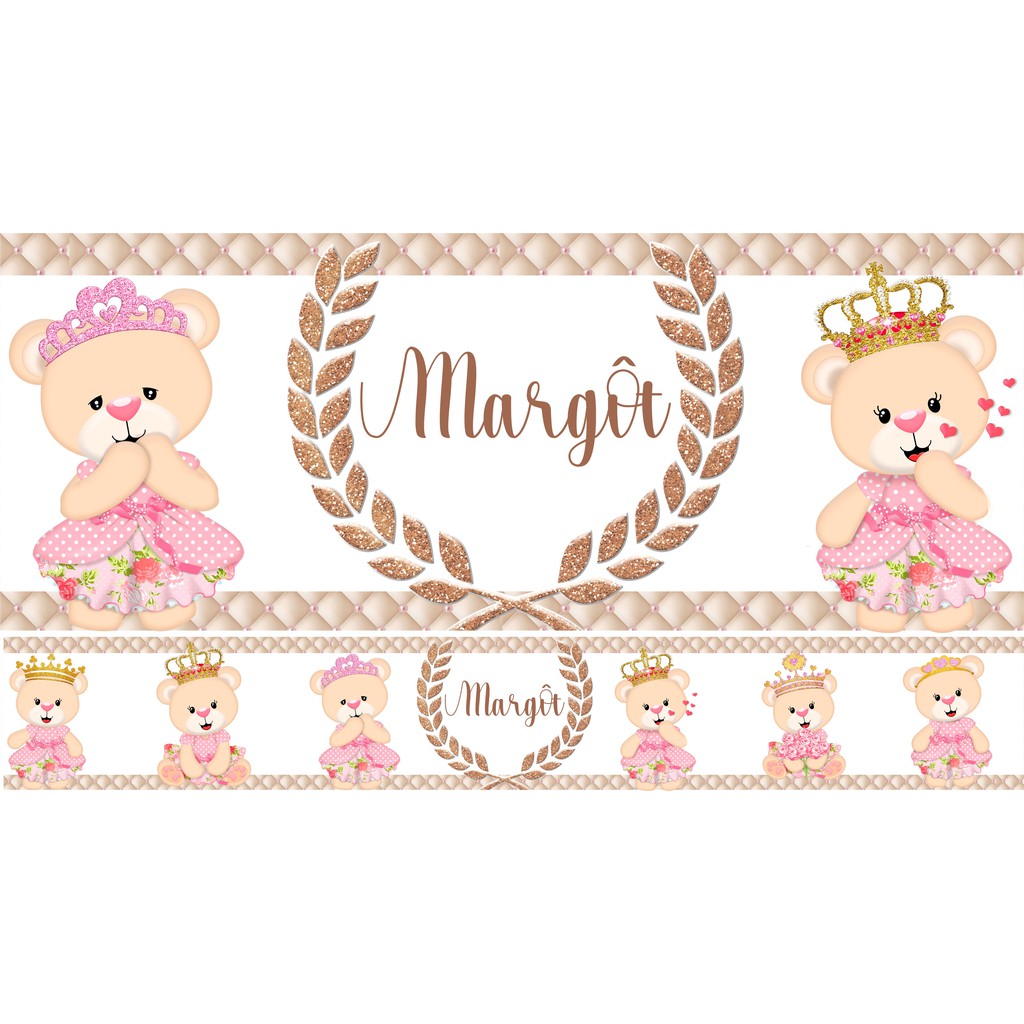 Faixa Adesiva Papel De Parede Ursa Princesa Personalizada Dourada