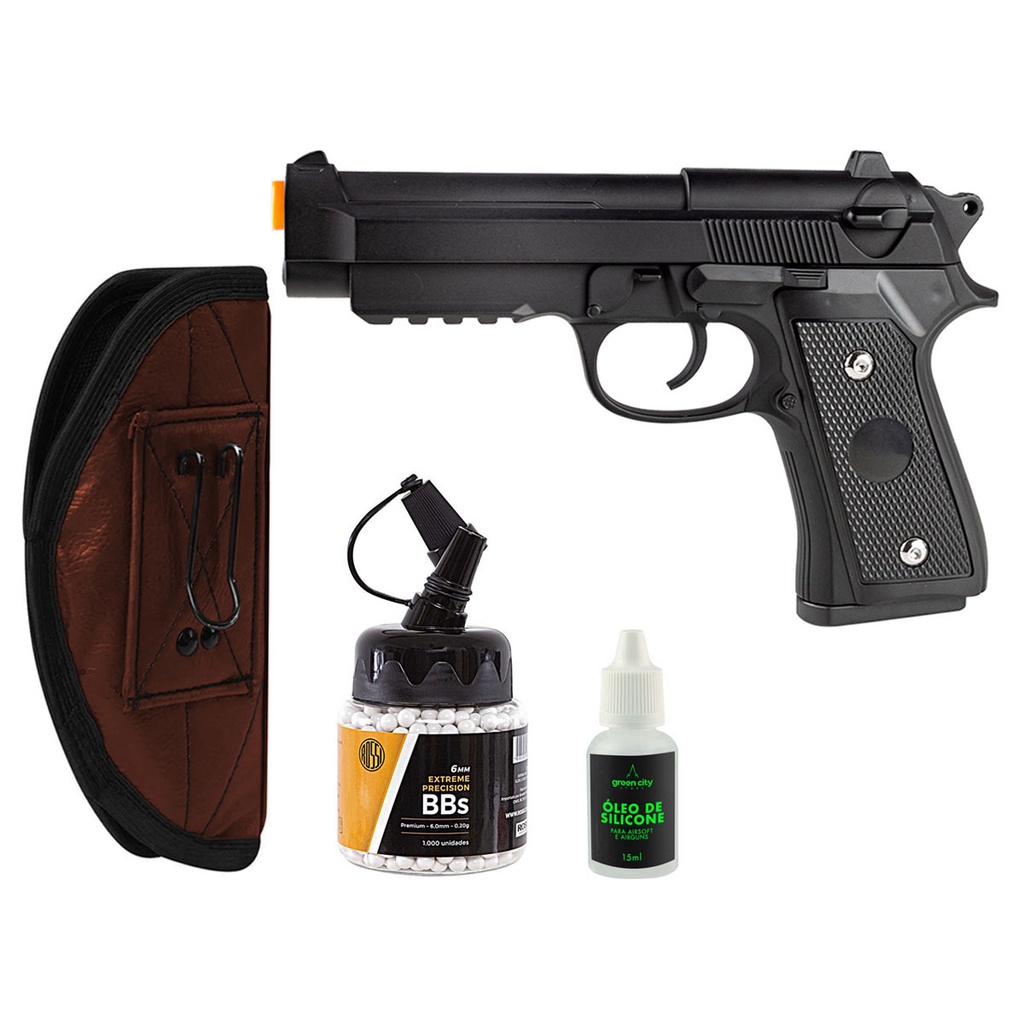 Pistola Airsoft Full Metal Spring Pt V Coldre Couro Marrom Pote