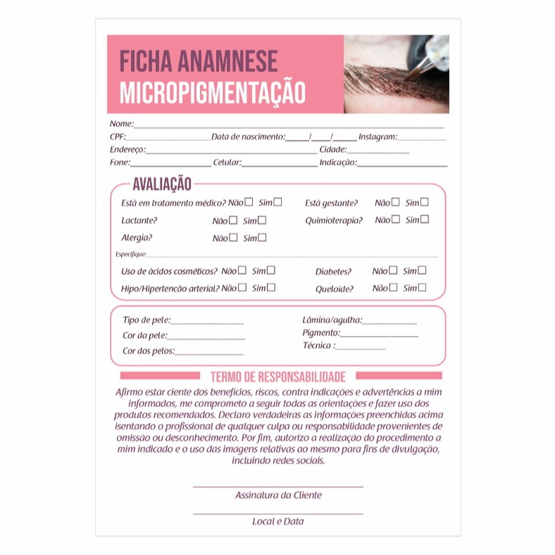 Ficha Anamnese Micropigmentação Microblading 50 Folhas Cor Rosa