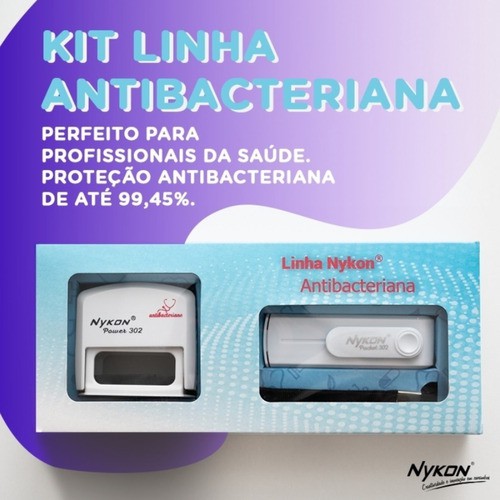 Carimbo Antibacteriana Nykon -  Pocket de bolso + Nykon 302 - Cor Branca Medida 38x14mm + Brinde