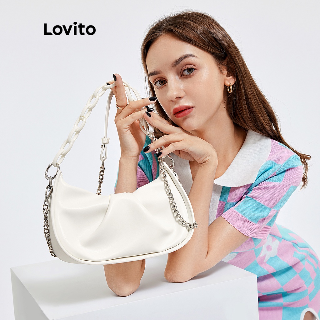 Lovito Bolsa De Axila Casual Liso Couro Pu Macio Cadeias Duplas