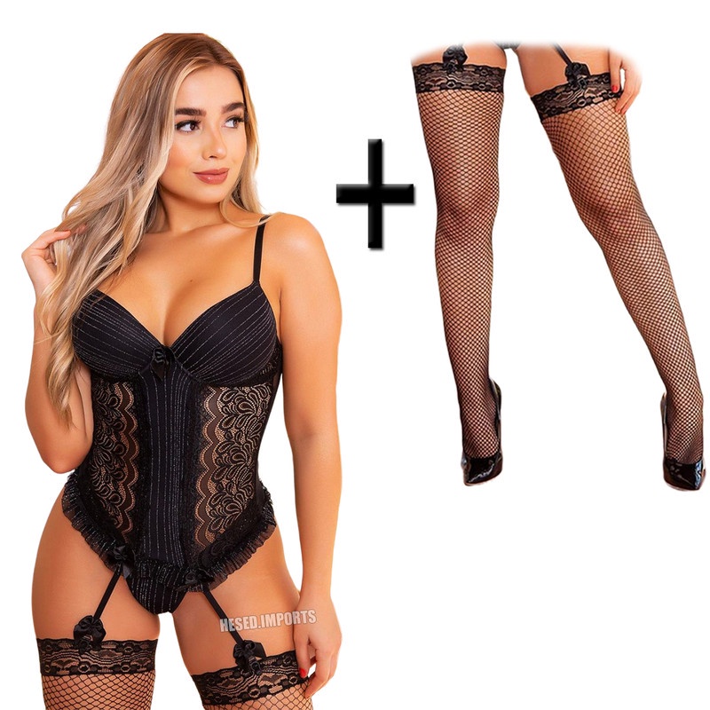Conjunto Espartilho Completo Bojo Meia Calcinha Cinta Liga Lingerie