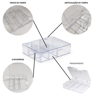 Caixa Acrílica Organizadora Multiuso 6 Divisórias Tampa Abre e