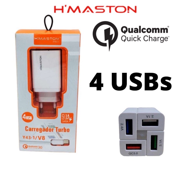 Carregador Turbo 4 Portas USB Hmaston Pro 9 1A QuickCharger 3 0