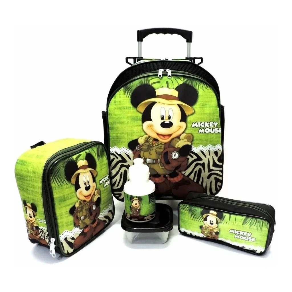 Kit Mochila Escolar Mickey Mouse Safari Rodinhas Tam G Lancheira F5