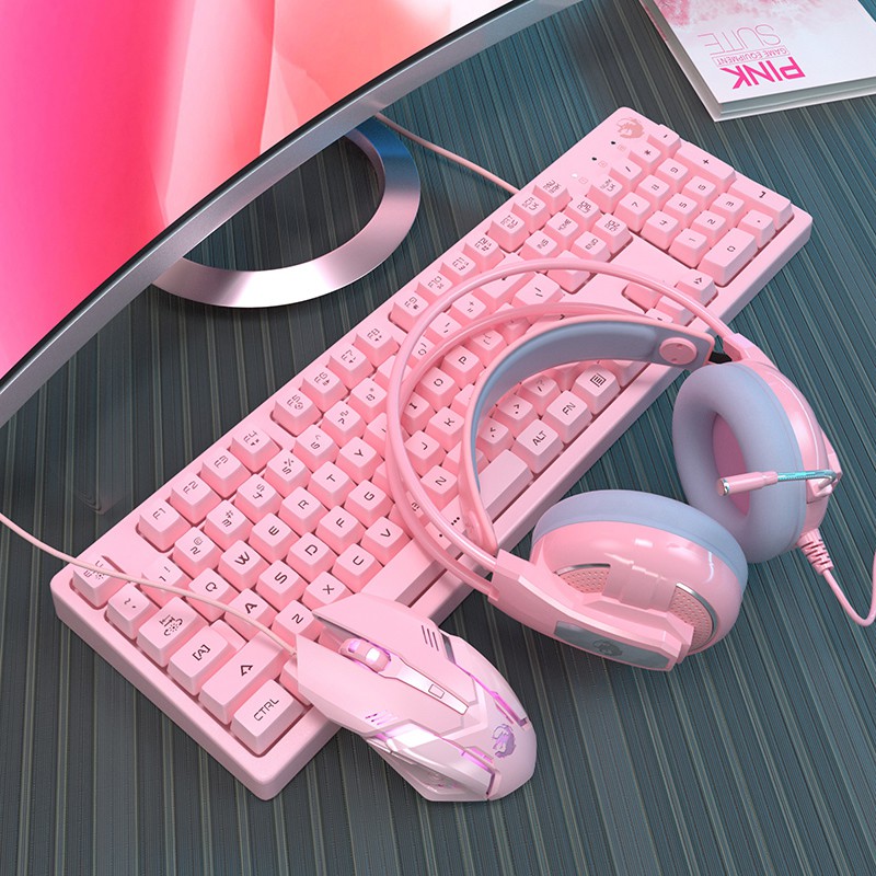 Kit Teclado E Mouse Gamer Semi Mecânico Rosa Fofo Feminino Usb Com Led Luminoso Com Fio Para Jogo De Pc Computador