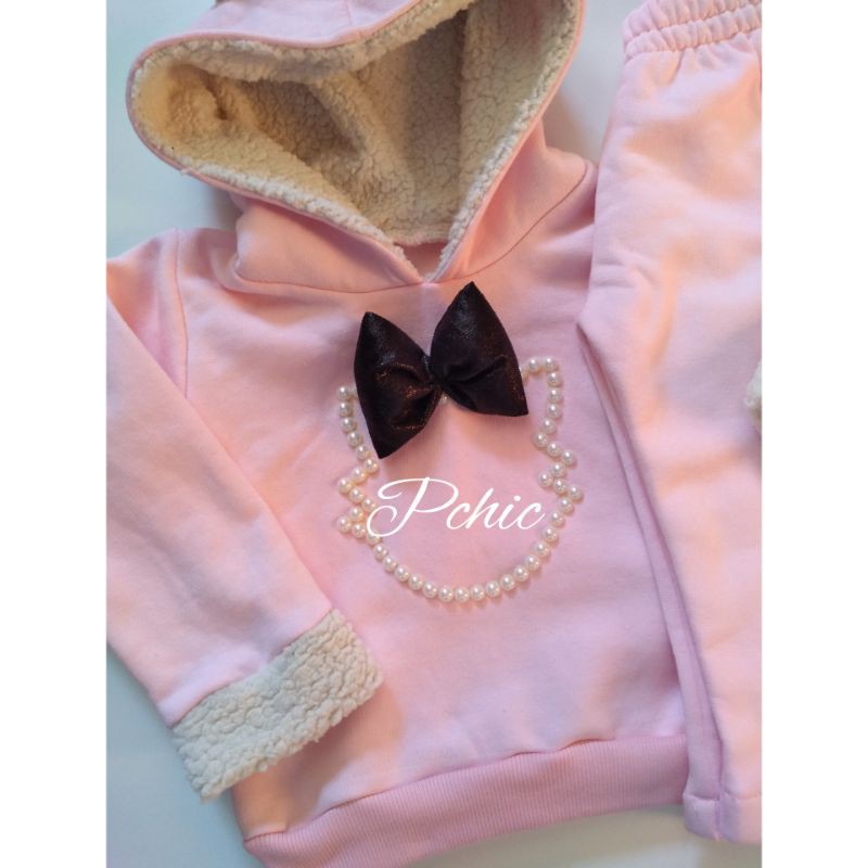 Conjunto Moletom Infantil Flanelado Menina Rosa Capuz Inverno Lindo