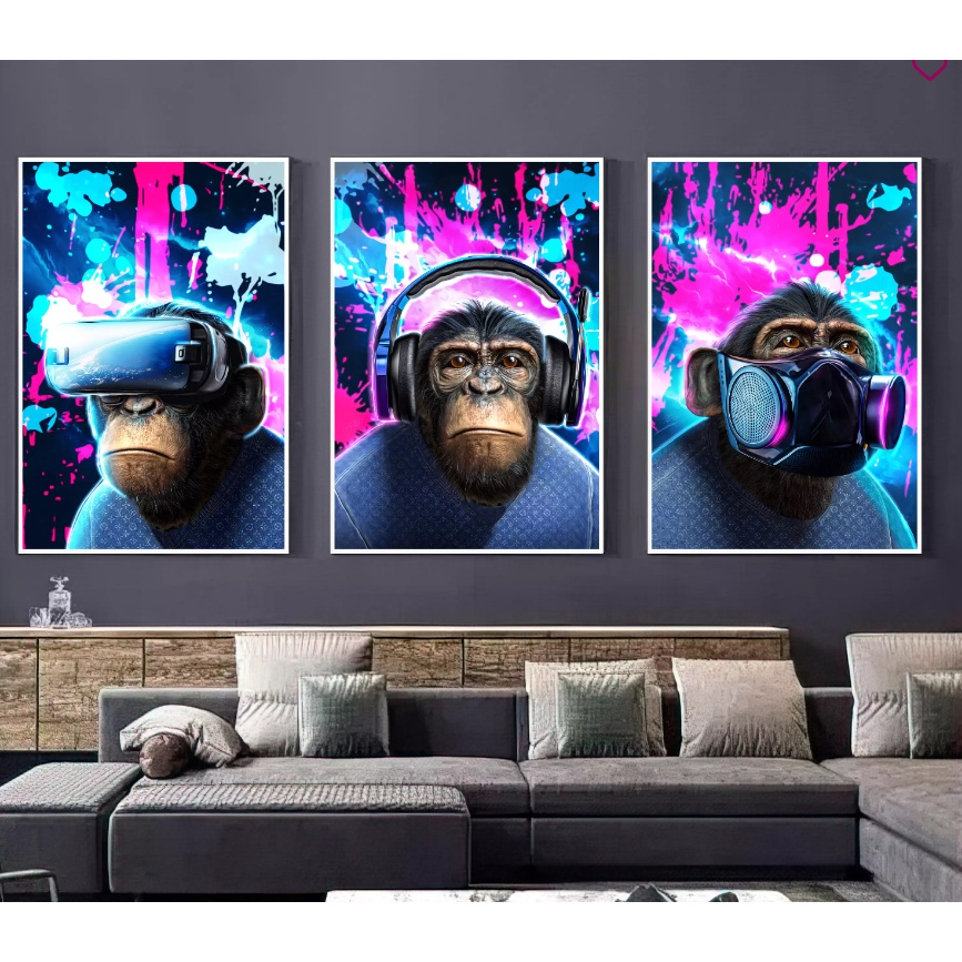 Quadro Decorativo 3 Telas Macacos Arte Cego Surdo E Mudo Shopee Brasil