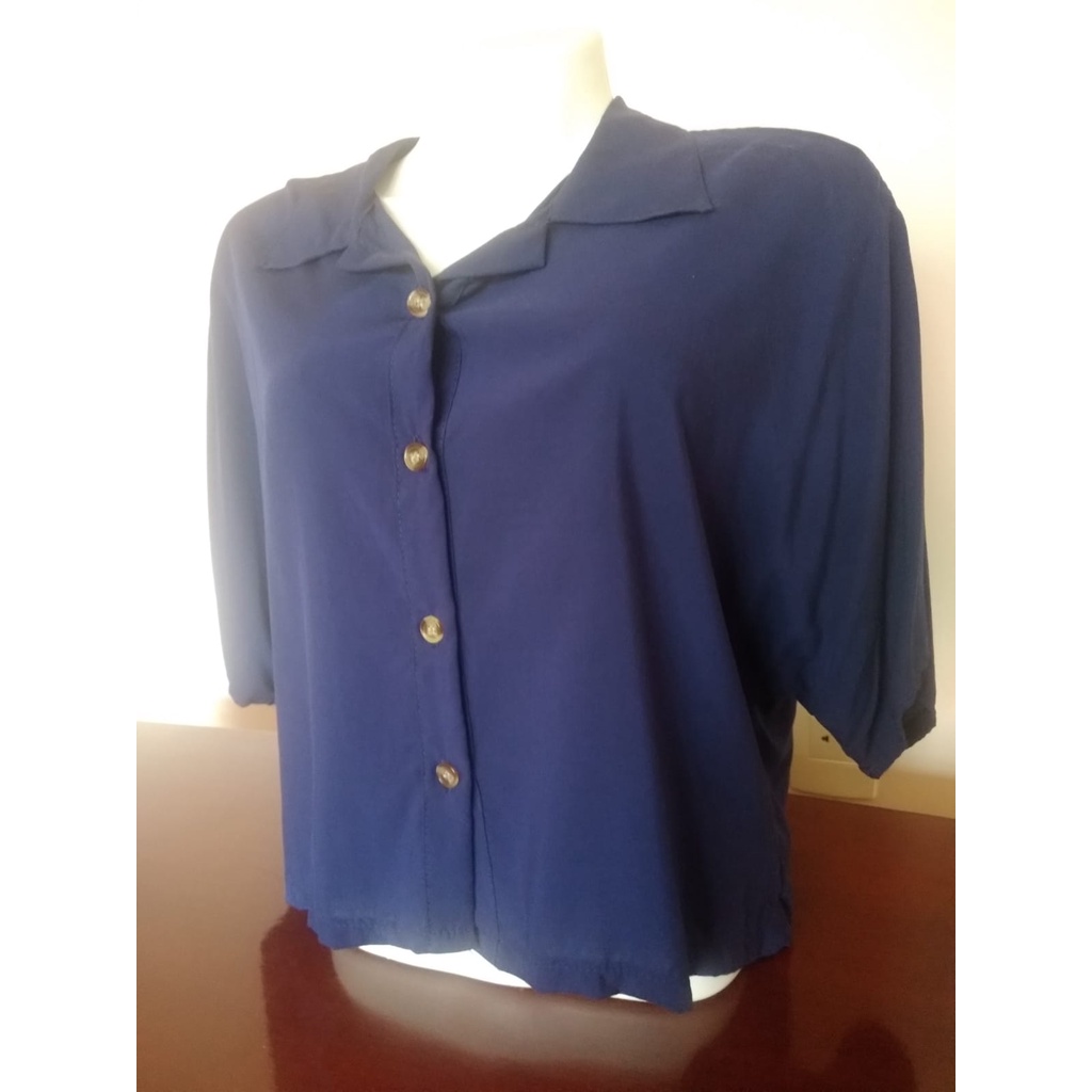 Camisa Croppet Manga Curta Azul Marinho Shopee Brasil