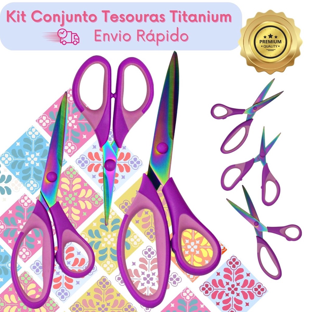 Kit 3 Tesoura Profissional Corte Costura Titanium Cabo Soft Artesanato