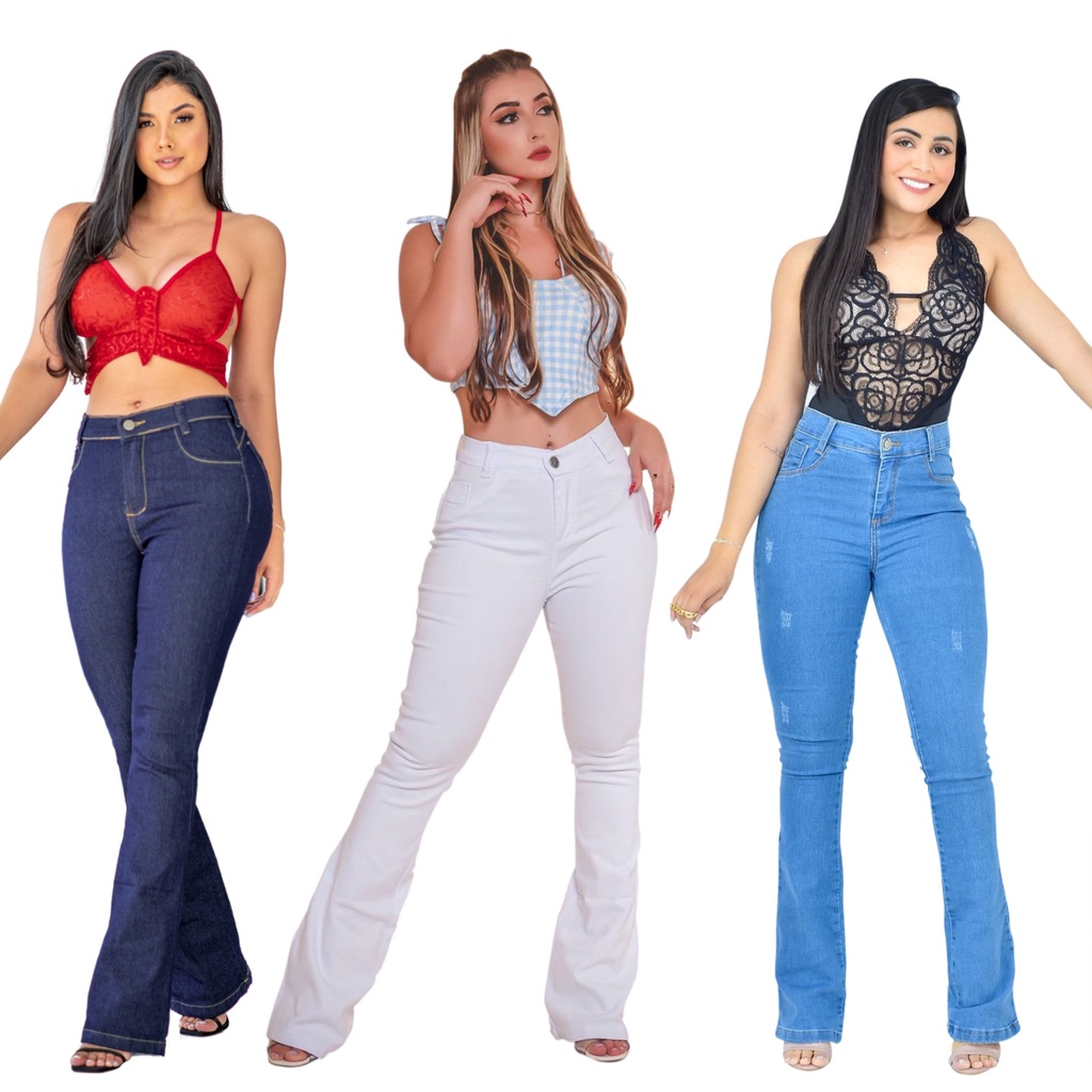 Calça Jeans Feminina Calça Flare Lycra Cintura Alta Shopee Brasil