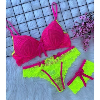 Conjunto De Lingerie Bojo Neon Renda Perneira Shopee Brasil