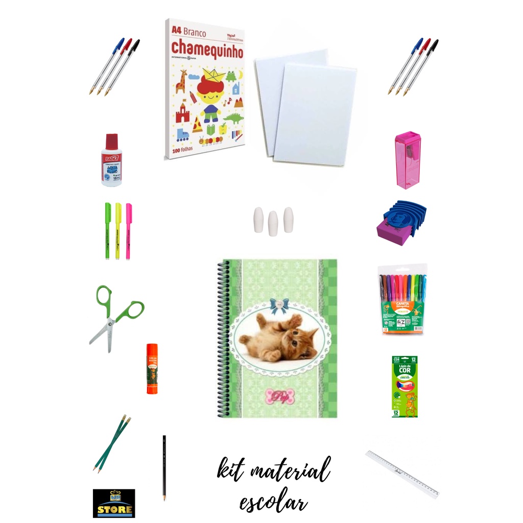 Kit Material Escolar Completo Caderno Universitário 200 folhas feminino