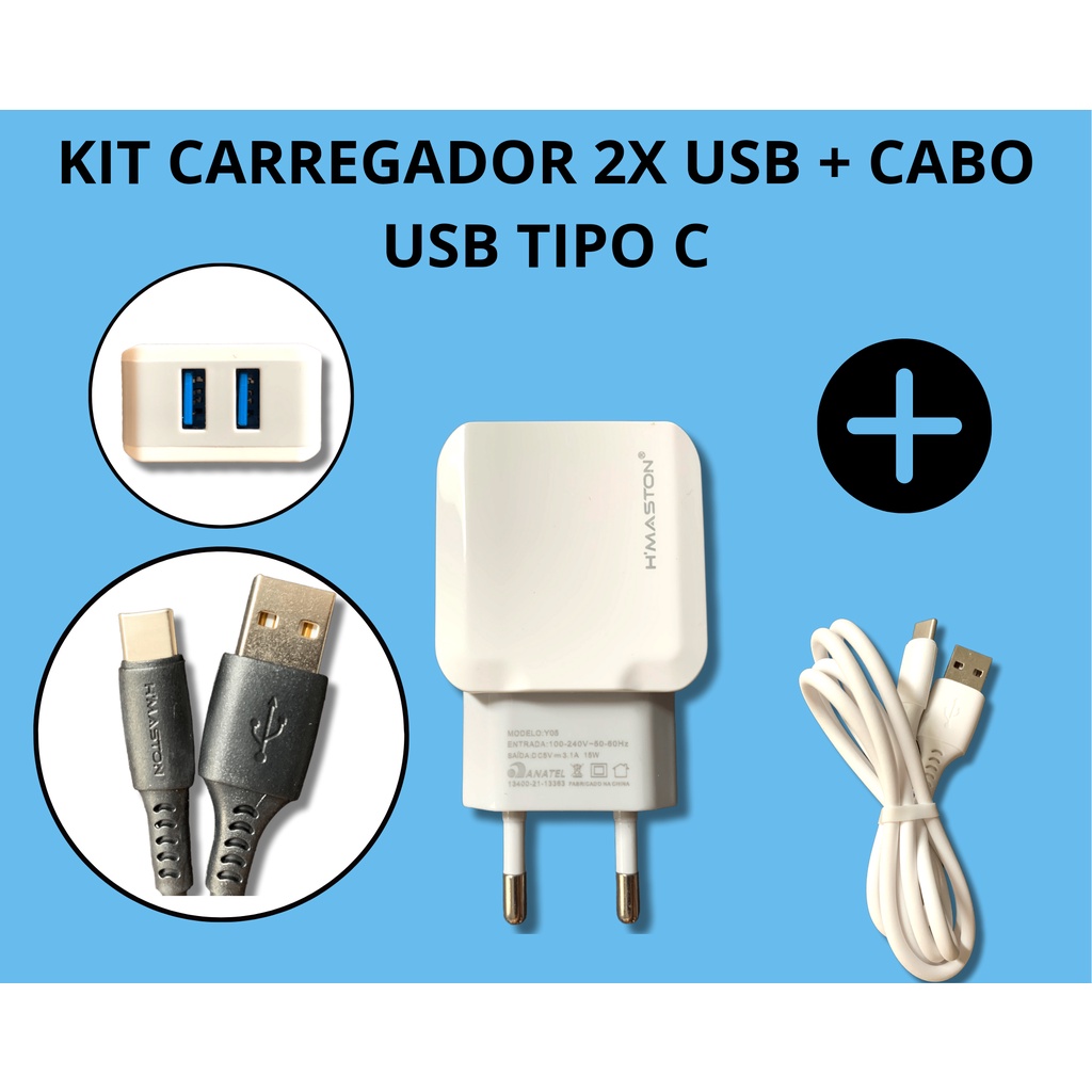 Kit Cabo Usb Tipo C Carregador Turbo Duas Entradas Usb Fast