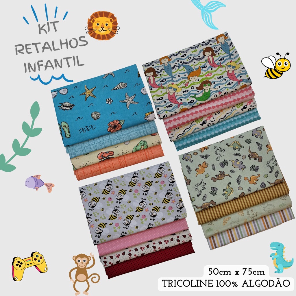 Tecido Tricoline 100 Algodão Kit Retalhos Infantil 50cm x 75cm