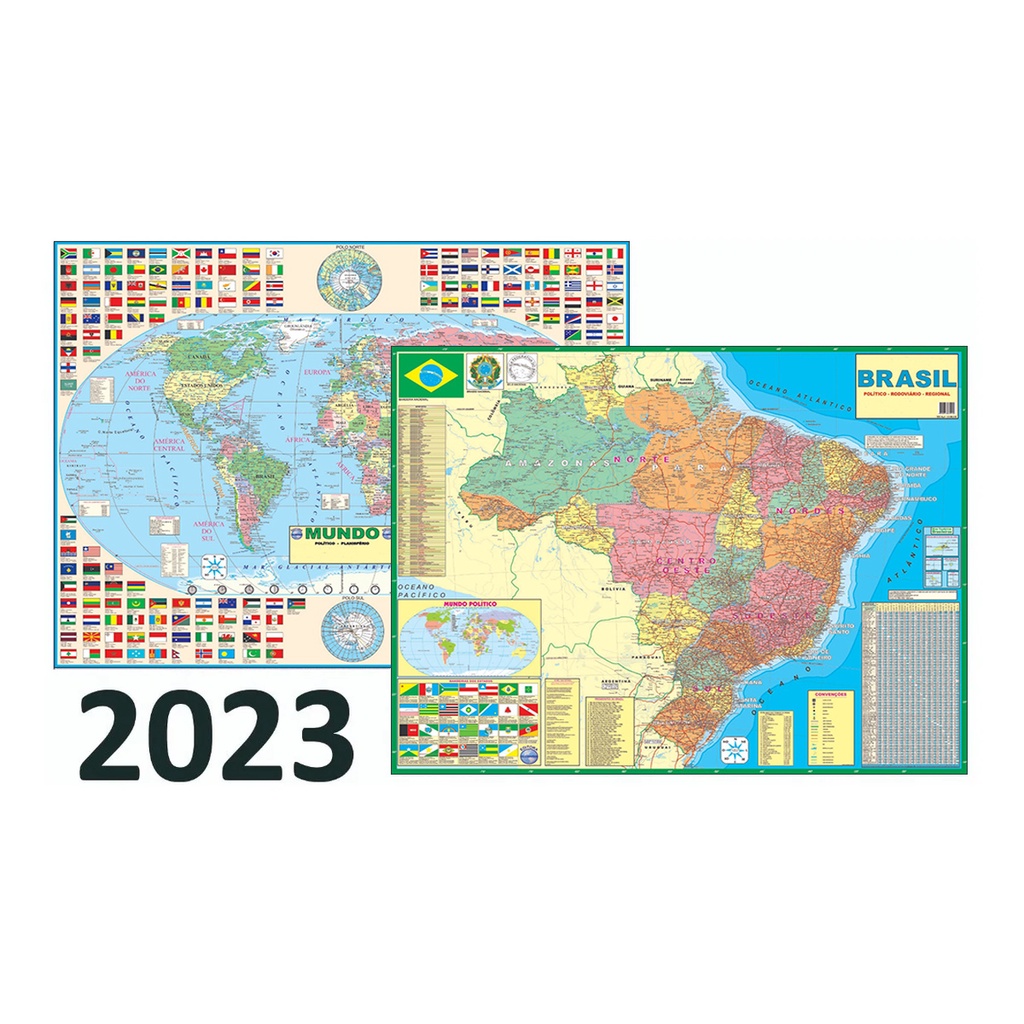 Kit 2 Mapas Mundi Brasil Político Rodoviário 120 X 90 Cm