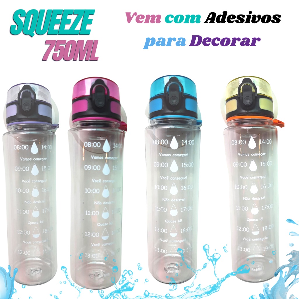 Garrafa de Água Squeeze 750 Ml Adesivos e Frases Motivacionais em