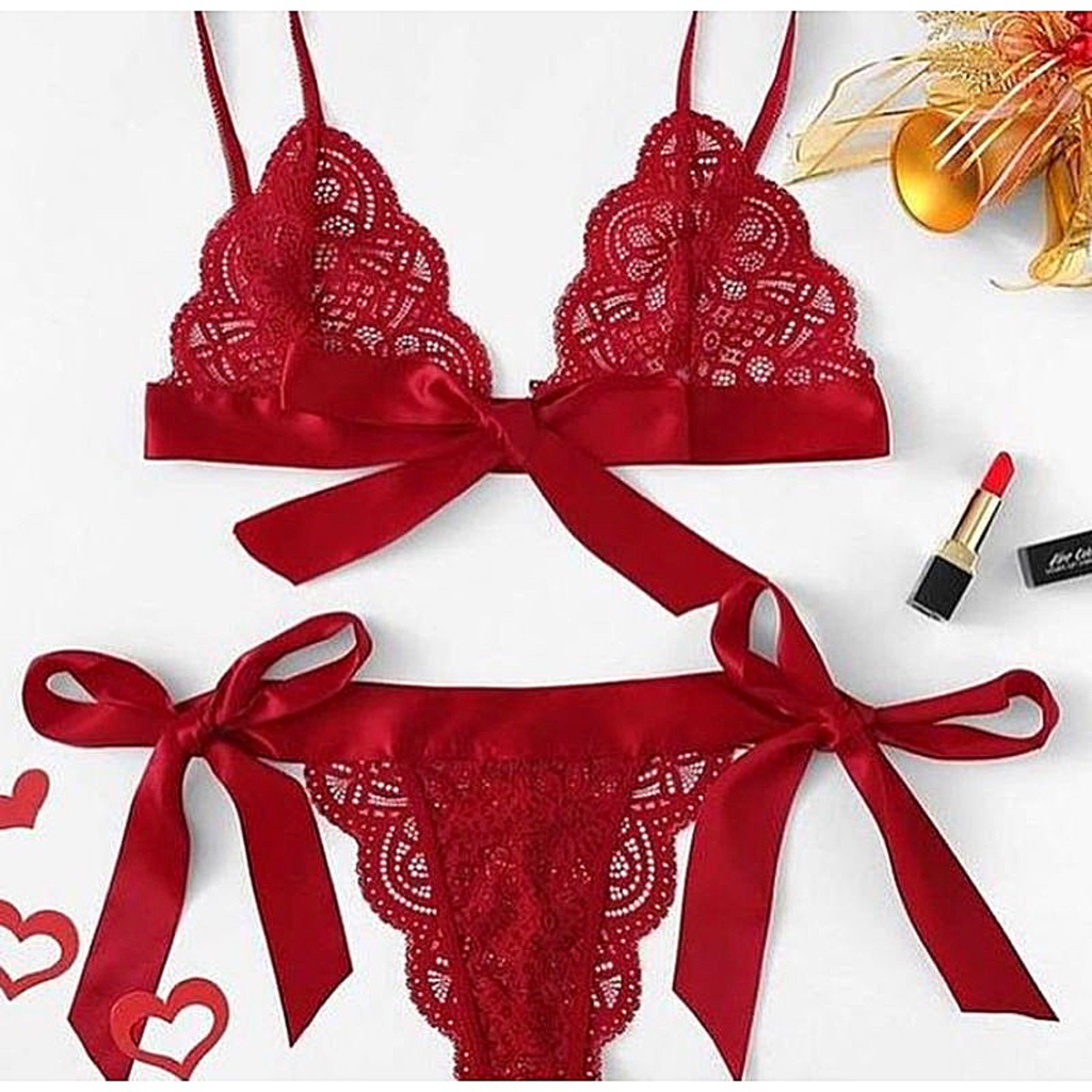 Conjunto Lingerie Feminino Sexy Sem Bojo Em Renda Fitas De Cetim