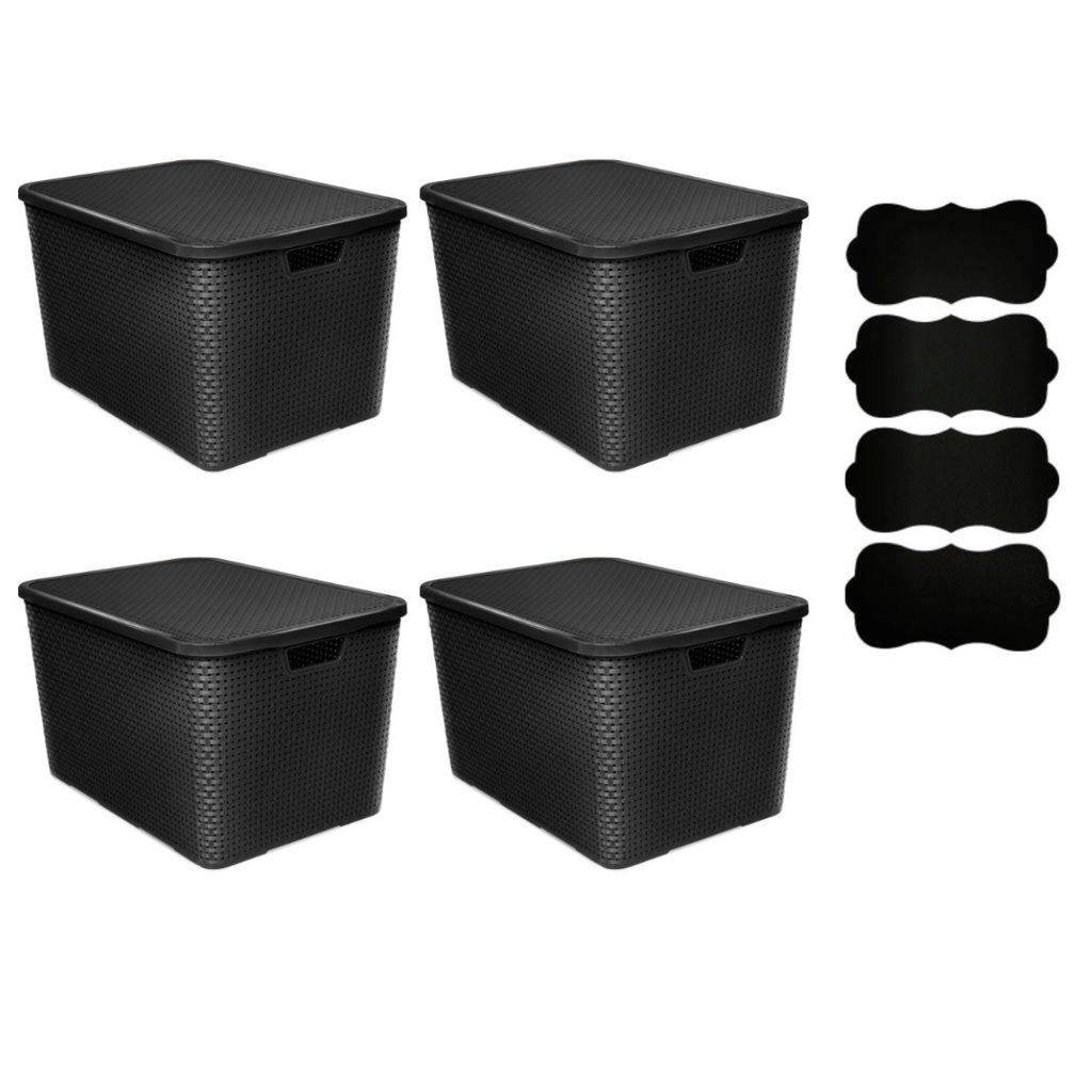 Kit Cestos Caixas Organizadoras Multiuso Rattan L C Tampa Preto