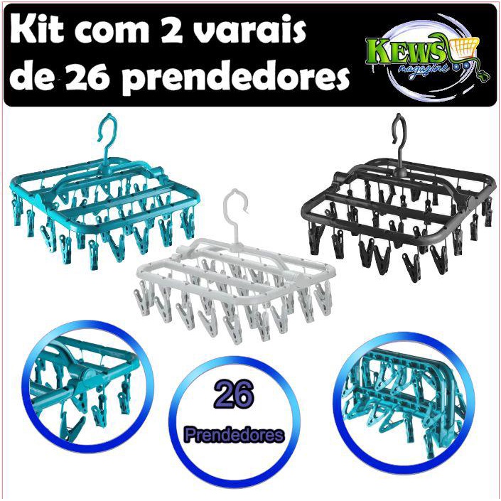 KIT 2 Varais Roupas intimas 26 prendedores PRETO dobrável reforçado