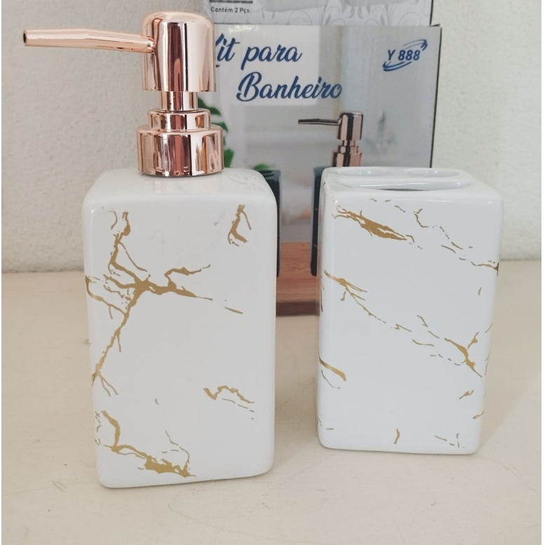 Conjunto Kit Banheiro Lavabo Cer Mica Saboneteira Porta Escova Luxo