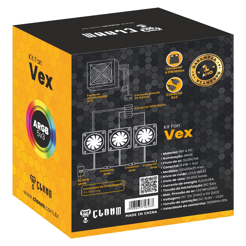 Kit 3 Fans VEX Clanm ARGB 120MM 1100RPM Controlavel 3PIN
