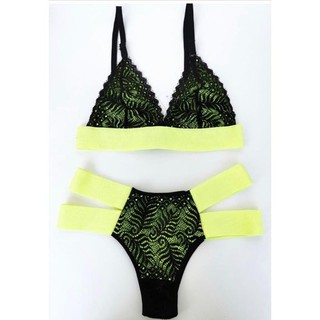 Conjunto Duas Tiras Neon Lingerie Sexy Rendada Conjunto Sem Bojo