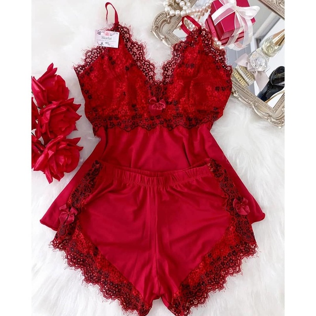 Baby Doll Luxo Nobre Tecido Canelado Renda Conjunto De Lingerie