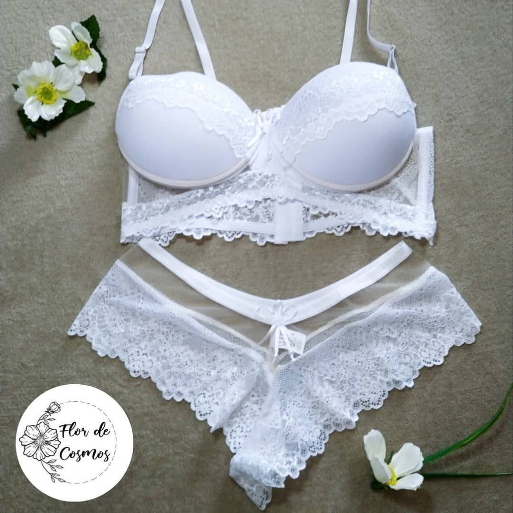 Conjunto Lingerie Tule E Renda Branco M E G Shopee Brasil