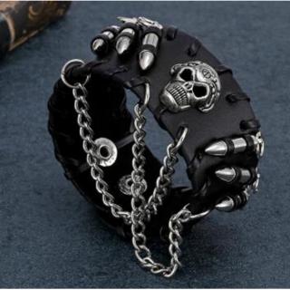 Men S Black Leather Bullet Wristband Adjustable Skull Metal Chain