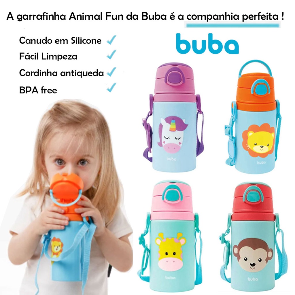 Garrafa garrafinha Copo Alumínio Infantil Bebê Canudo Animal Fun Buba