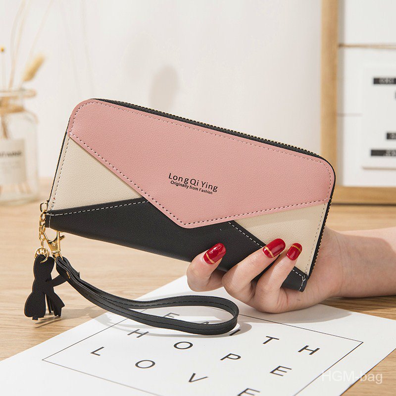 New Wallet Womens Long Zip Wallet Womens Korean-Style Stitching Contrast Color Tassel Envelope Clutch Phone Bag