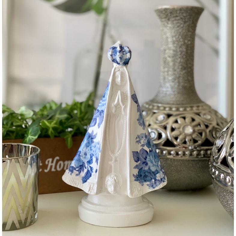 Nossa Senhora Aparecida manto azul flores 20 cm gesso Escorrega o Preço