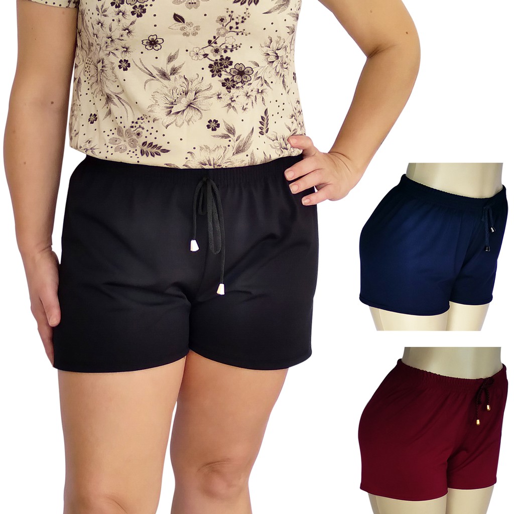 Kit 3 Shorts Femininos Curtos Lisos Soltinhos de Suplex - Plus Size: G1(48) ao G6(58)