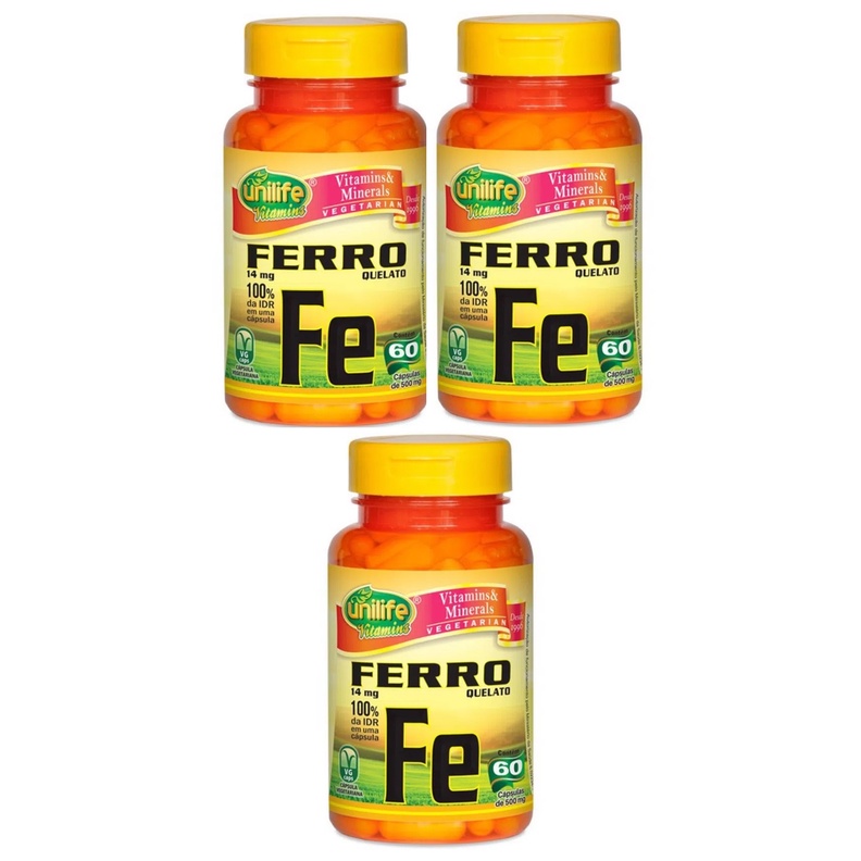 Kit 3 Ferro Quelato FE Unilife 14 mg 60 Cápsulas original