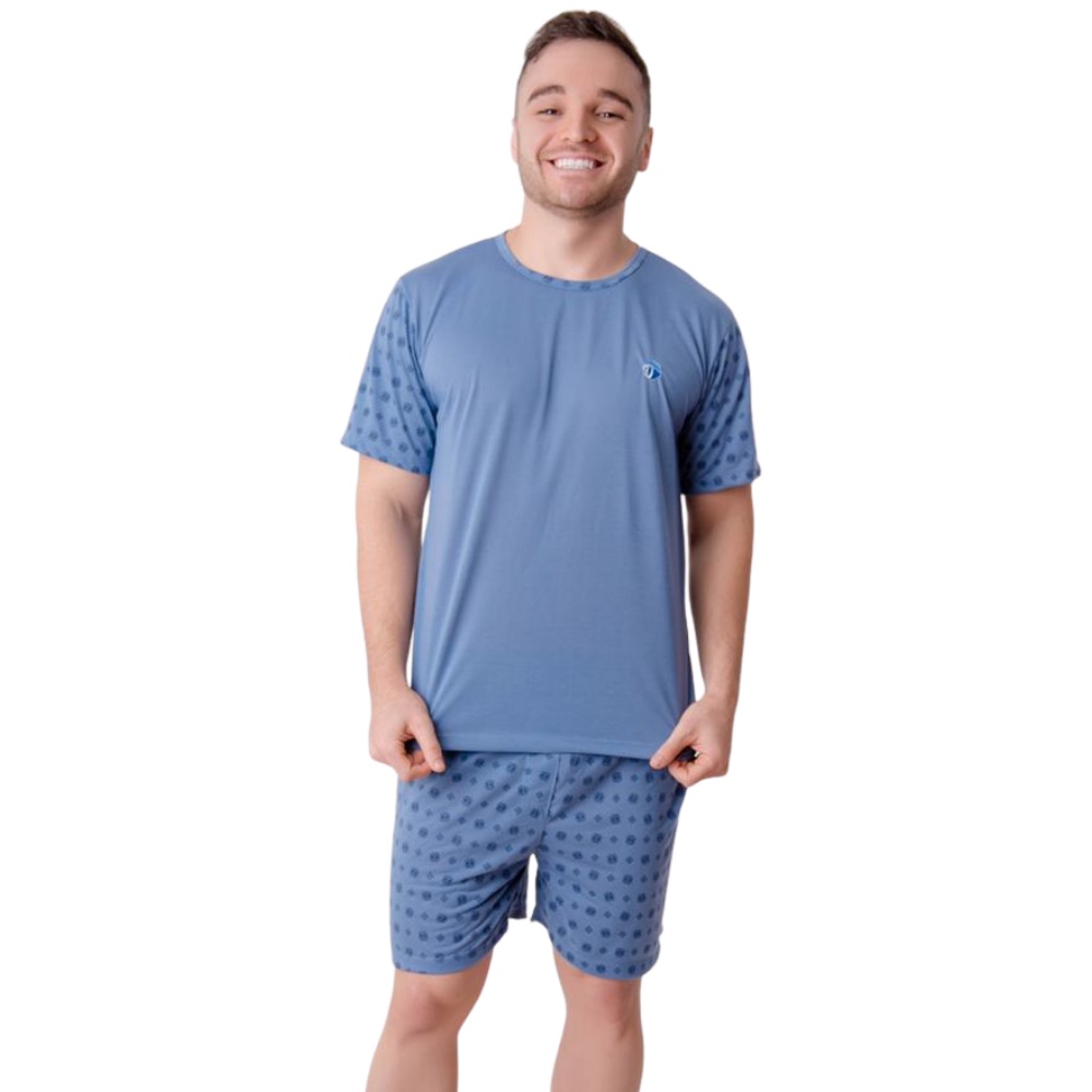 Pijama Adulto Masculino Blusa Manga Curta E Short Liso Para O Calor